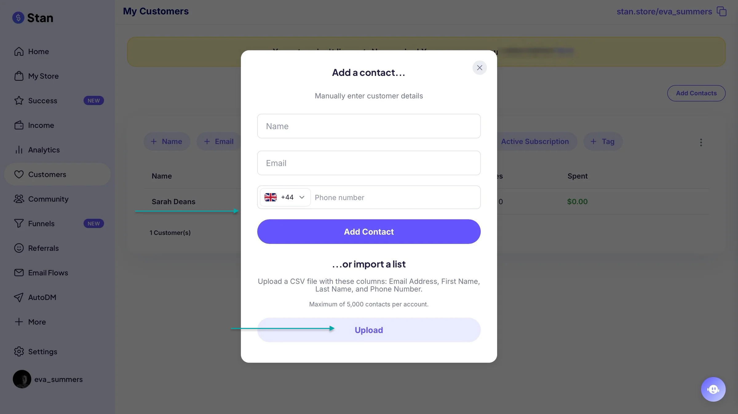 add contacts manually or upload list