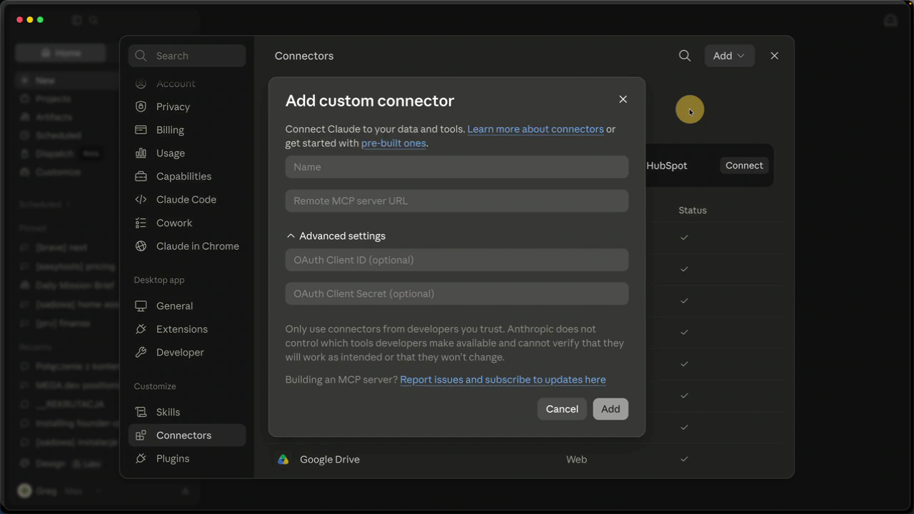 In Claude, open Connectors and click Add - Add custom connector