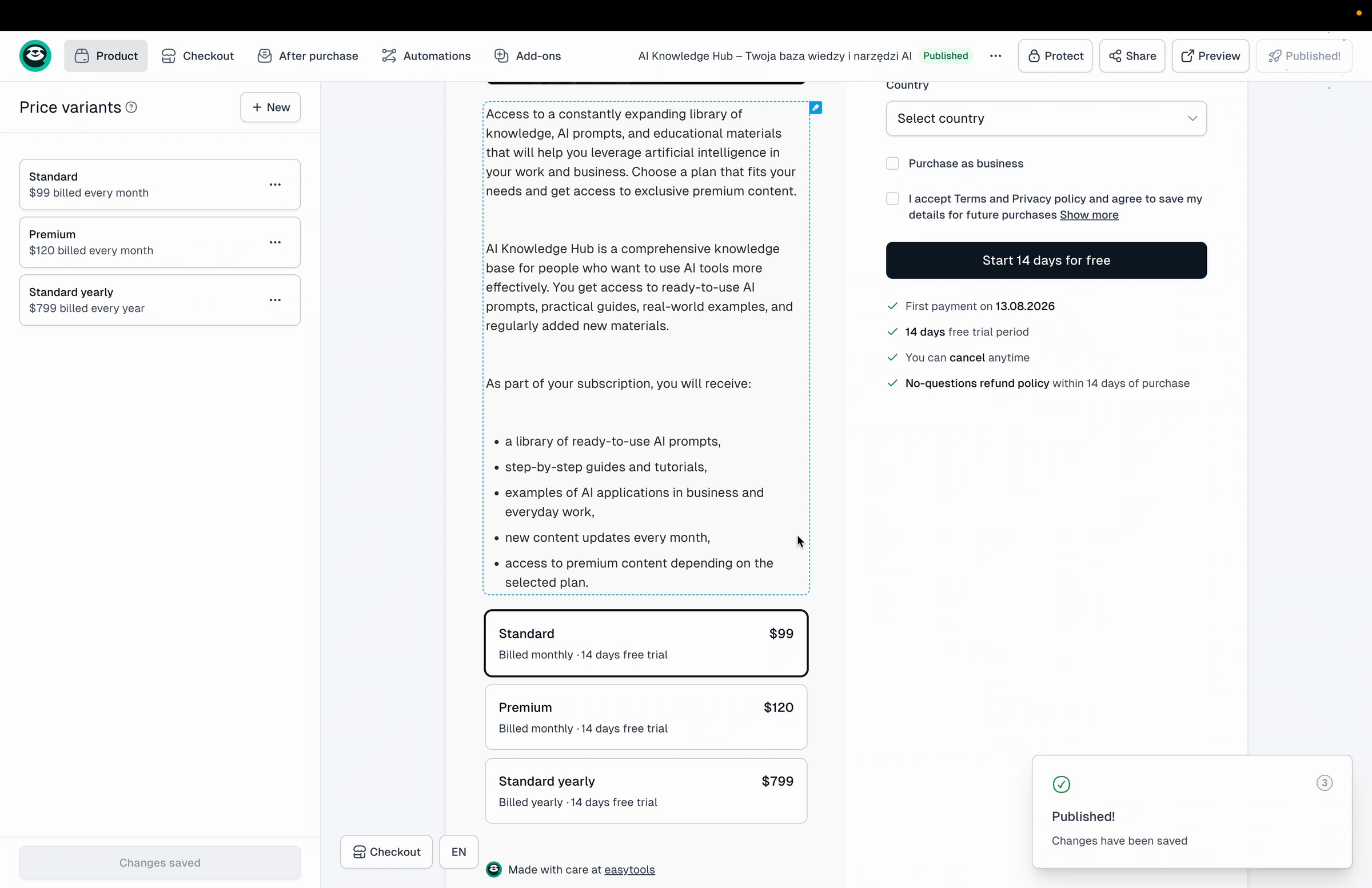 Three subscription variants: Standard, Premium and Standard yearly