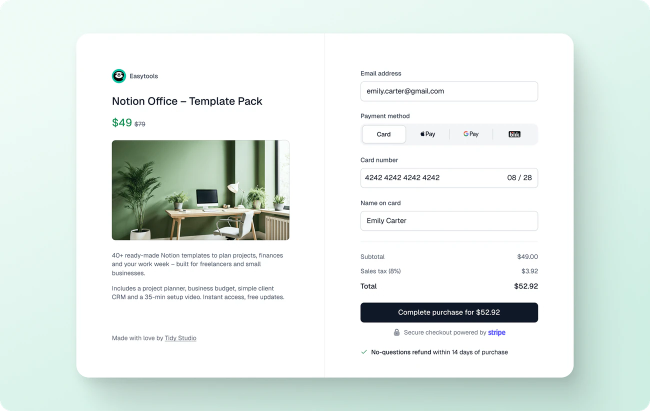 Easytools checkout with payment form