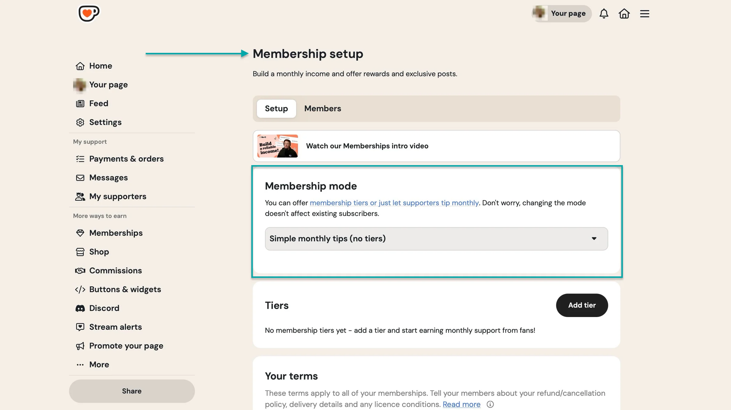 membership setup on buy me a coffee alternative