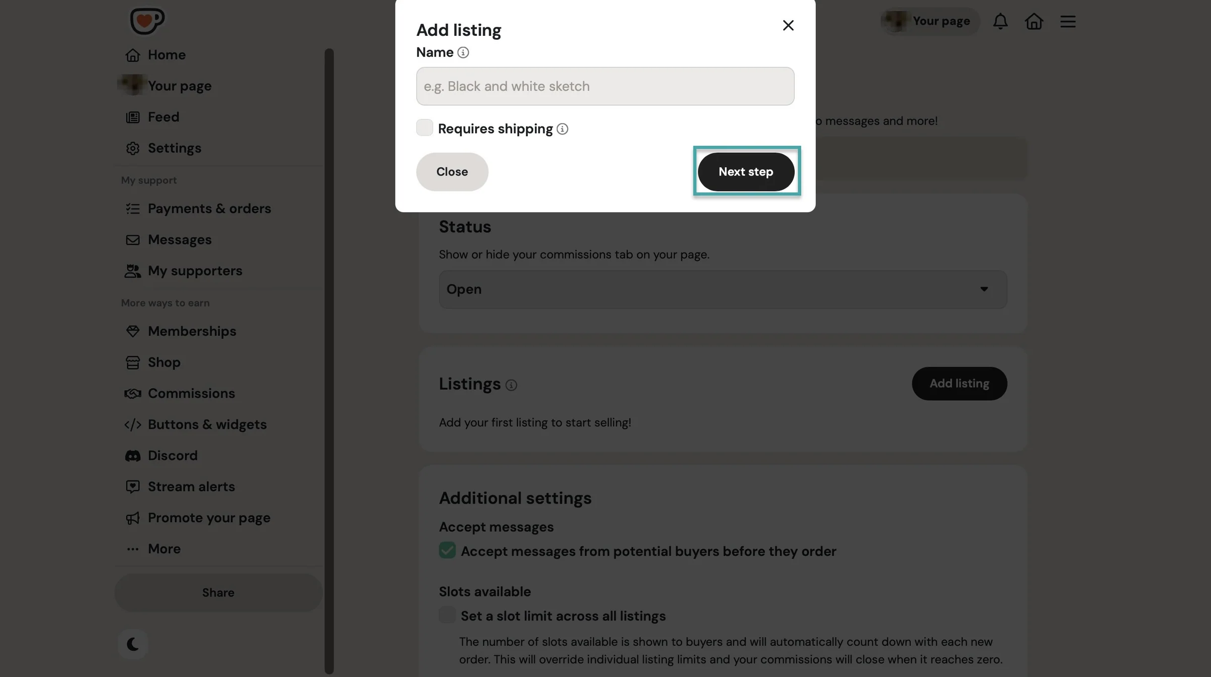 add listing and click next step
