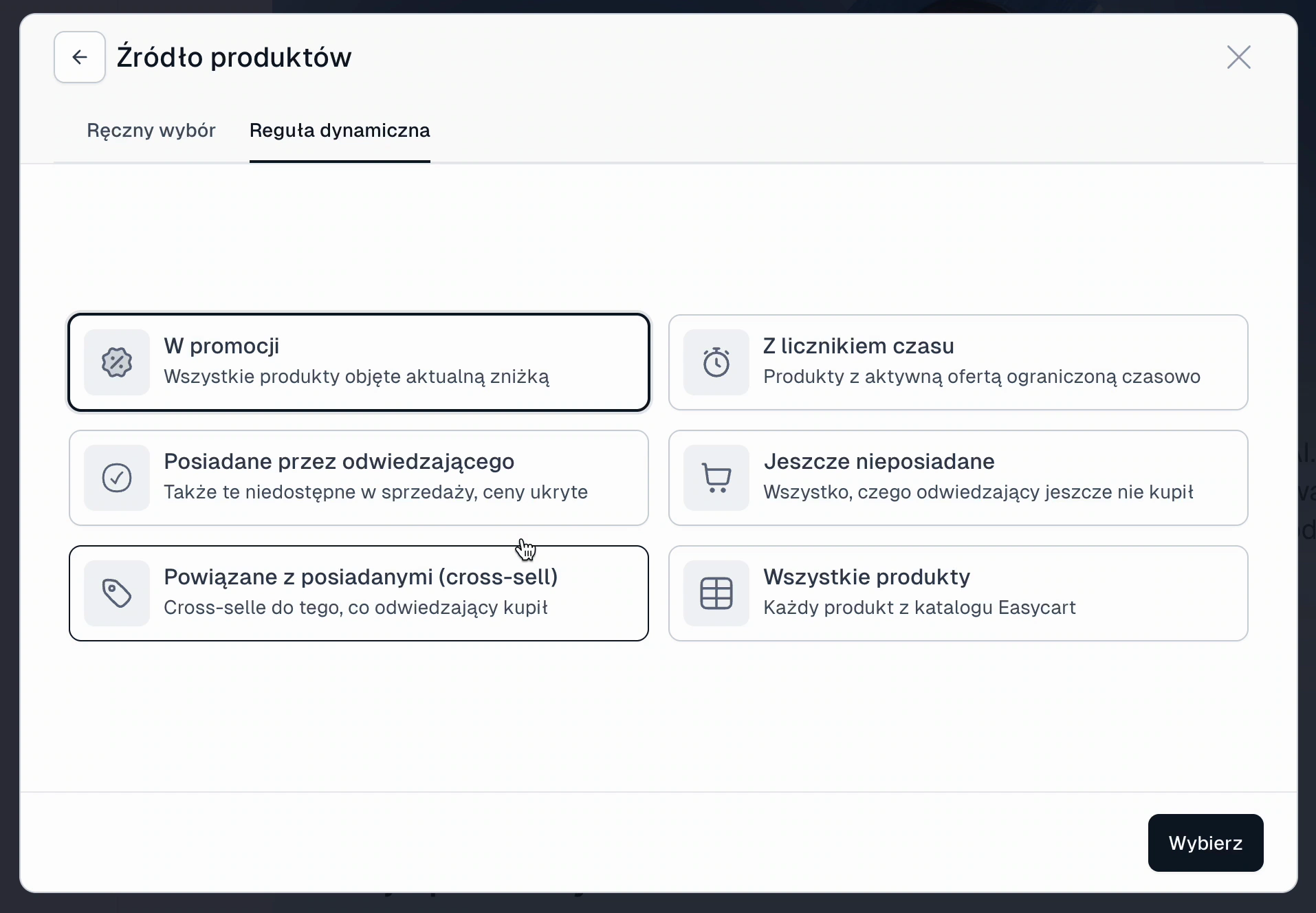 Dynamic rule options for the product widget