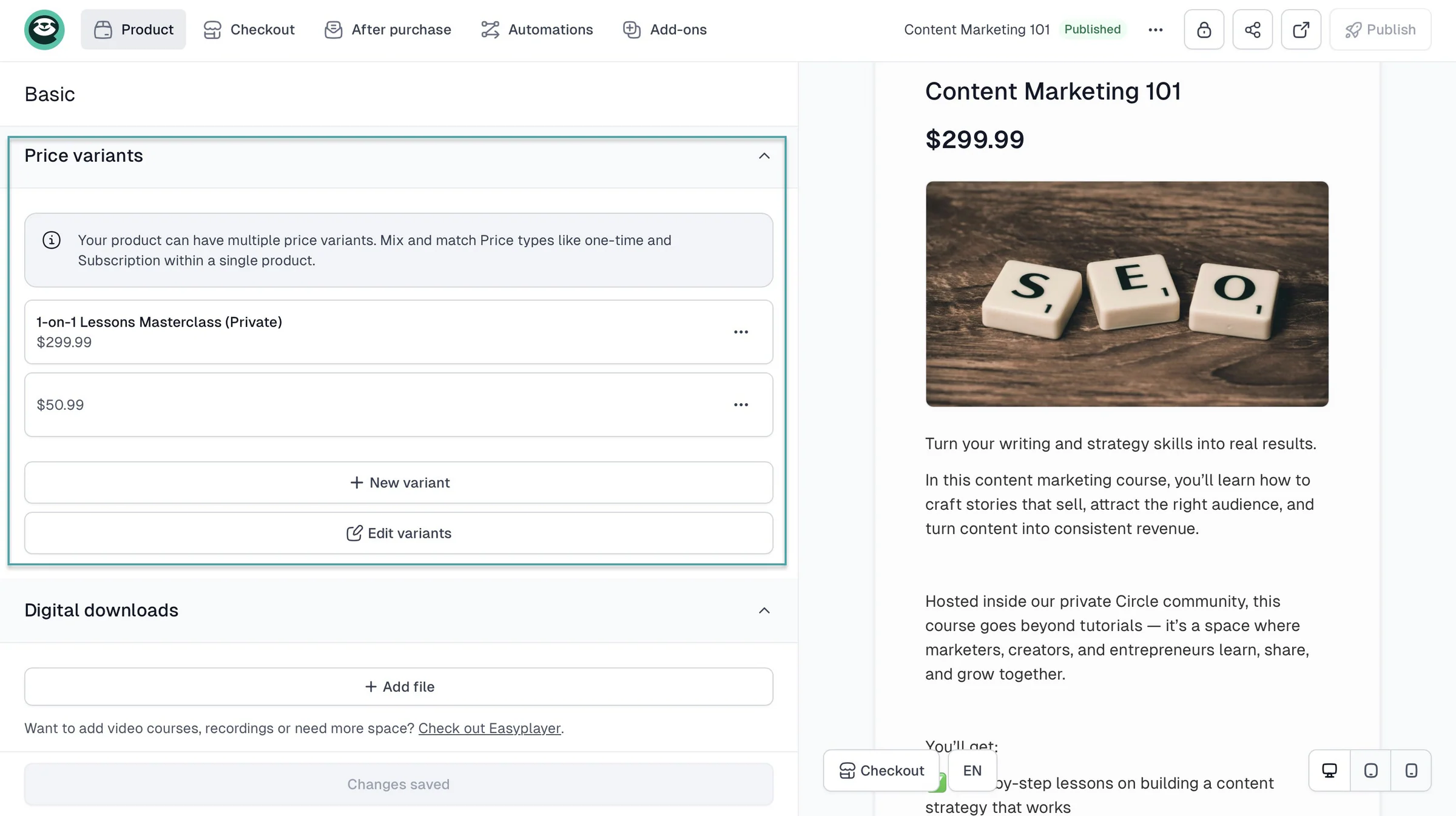 price variants on easytools