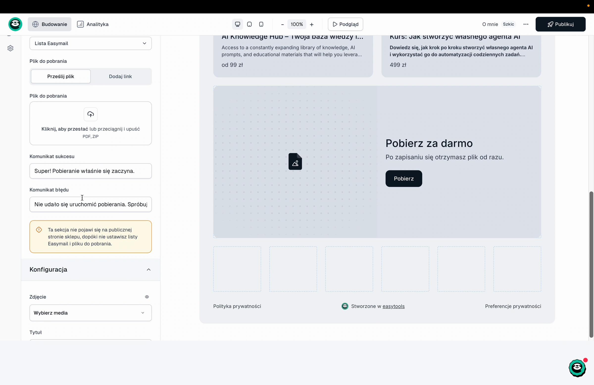 Free download widget: Easymail list, file, success and error messages