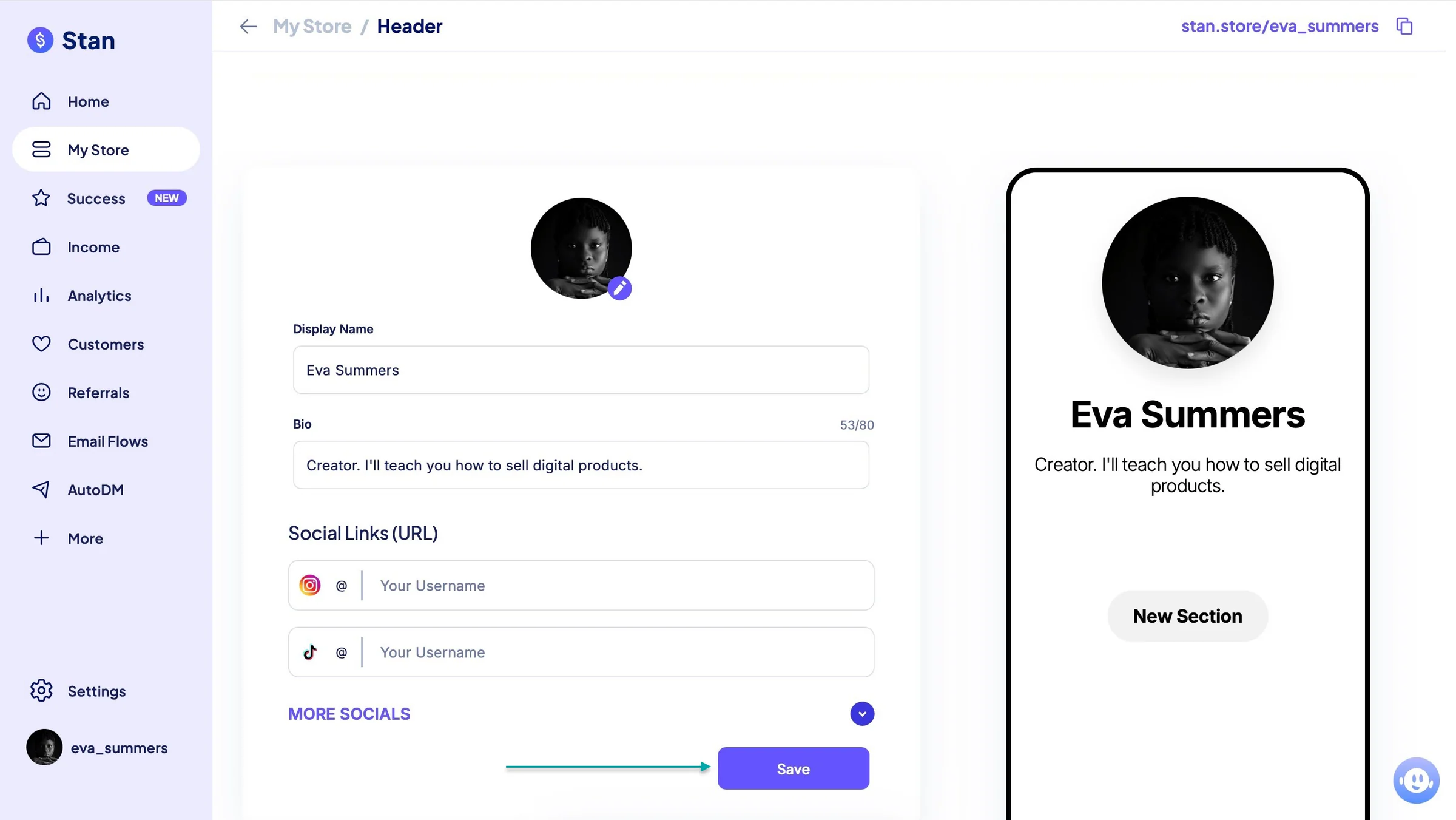 edit profile on stan store