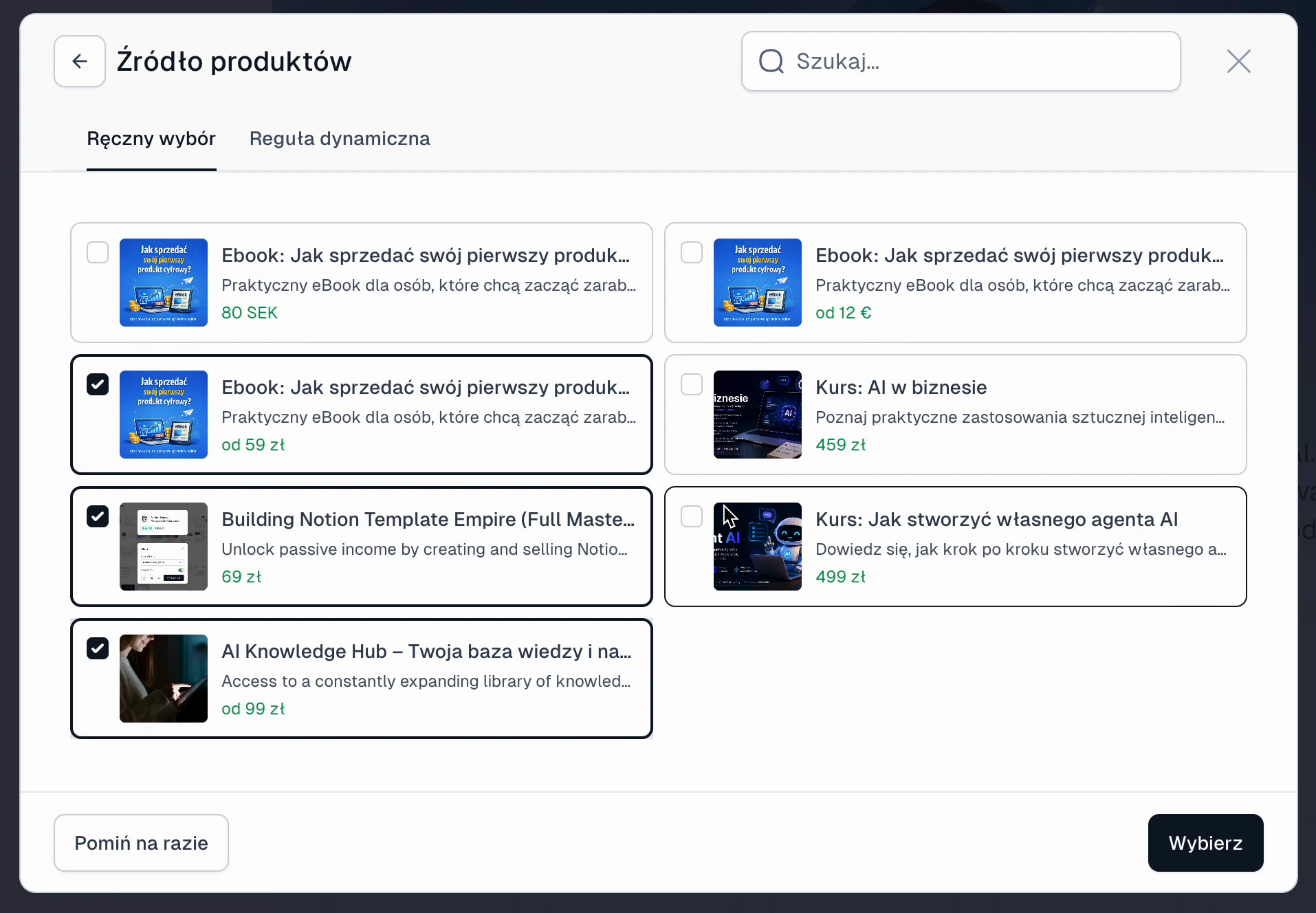Selecting products manually for the product widget