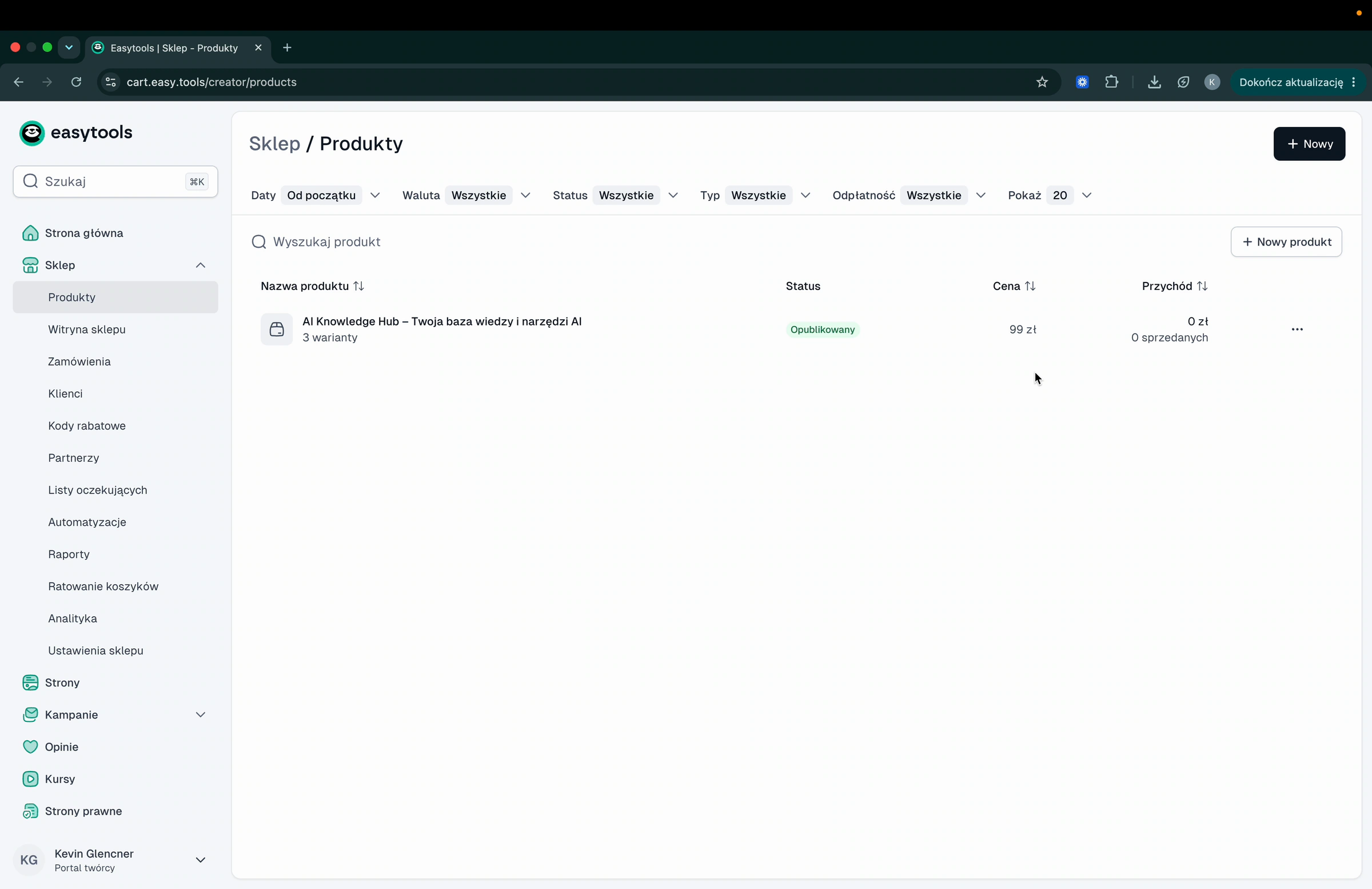 The Products tab in your creator panel, with the New product button