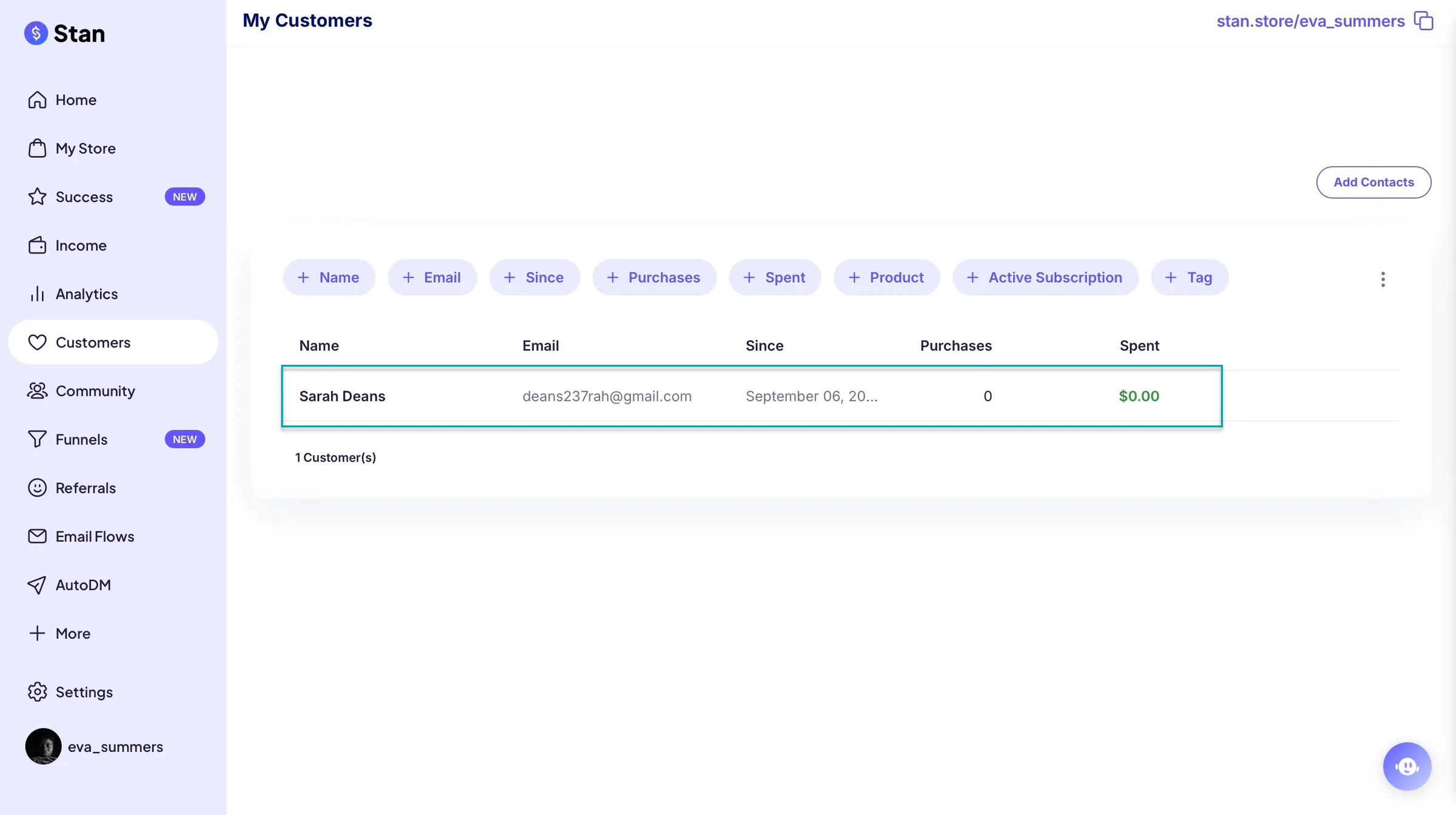 customer contact added on stan store
