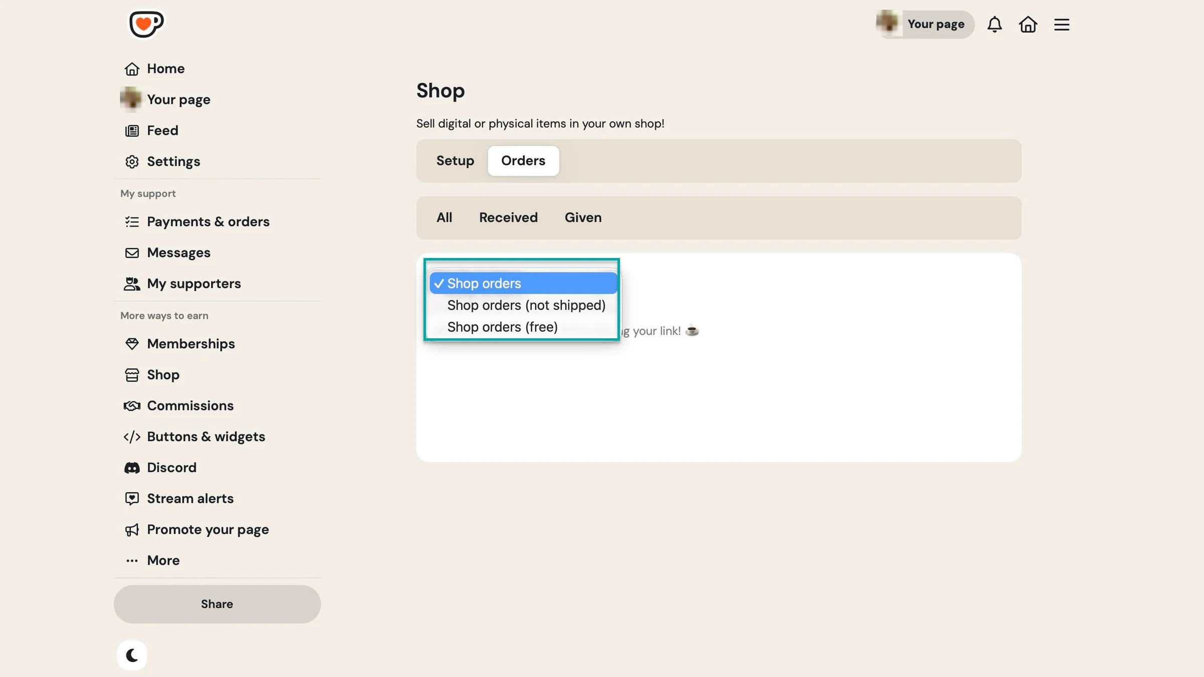 view shop orders on ko-fi