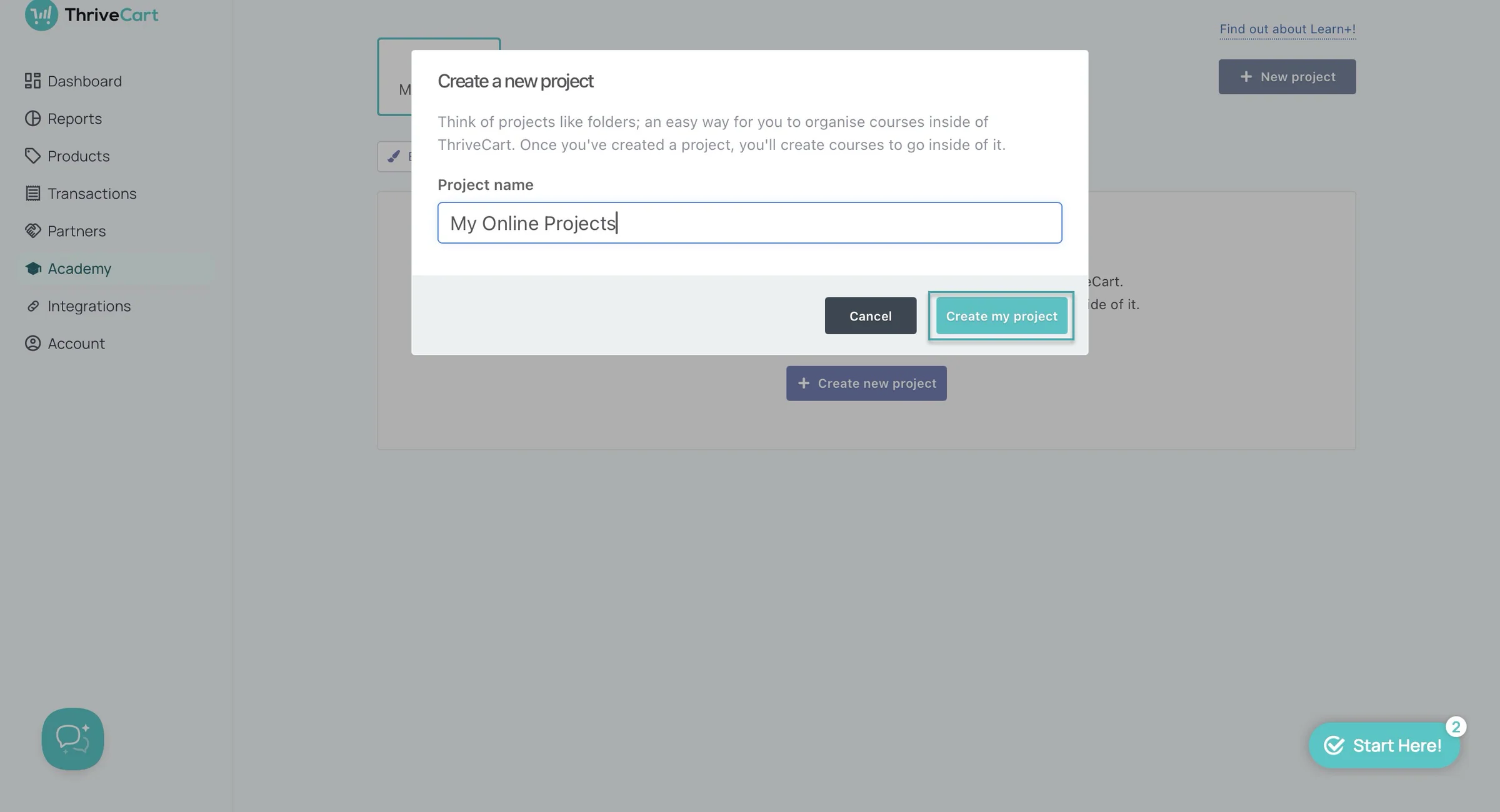 add new project on thrivecart