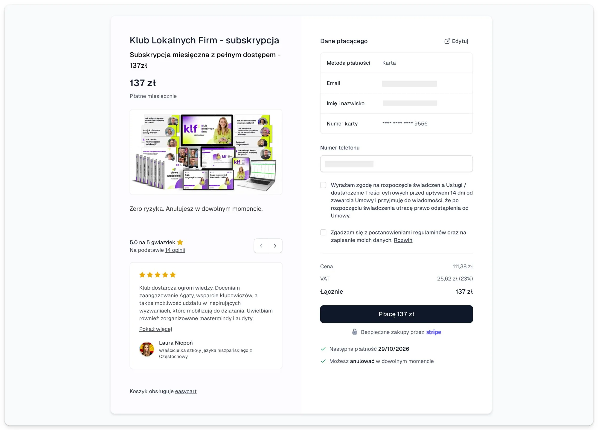 Easytools checkout for the Local Business Club subscription, with customer reviews