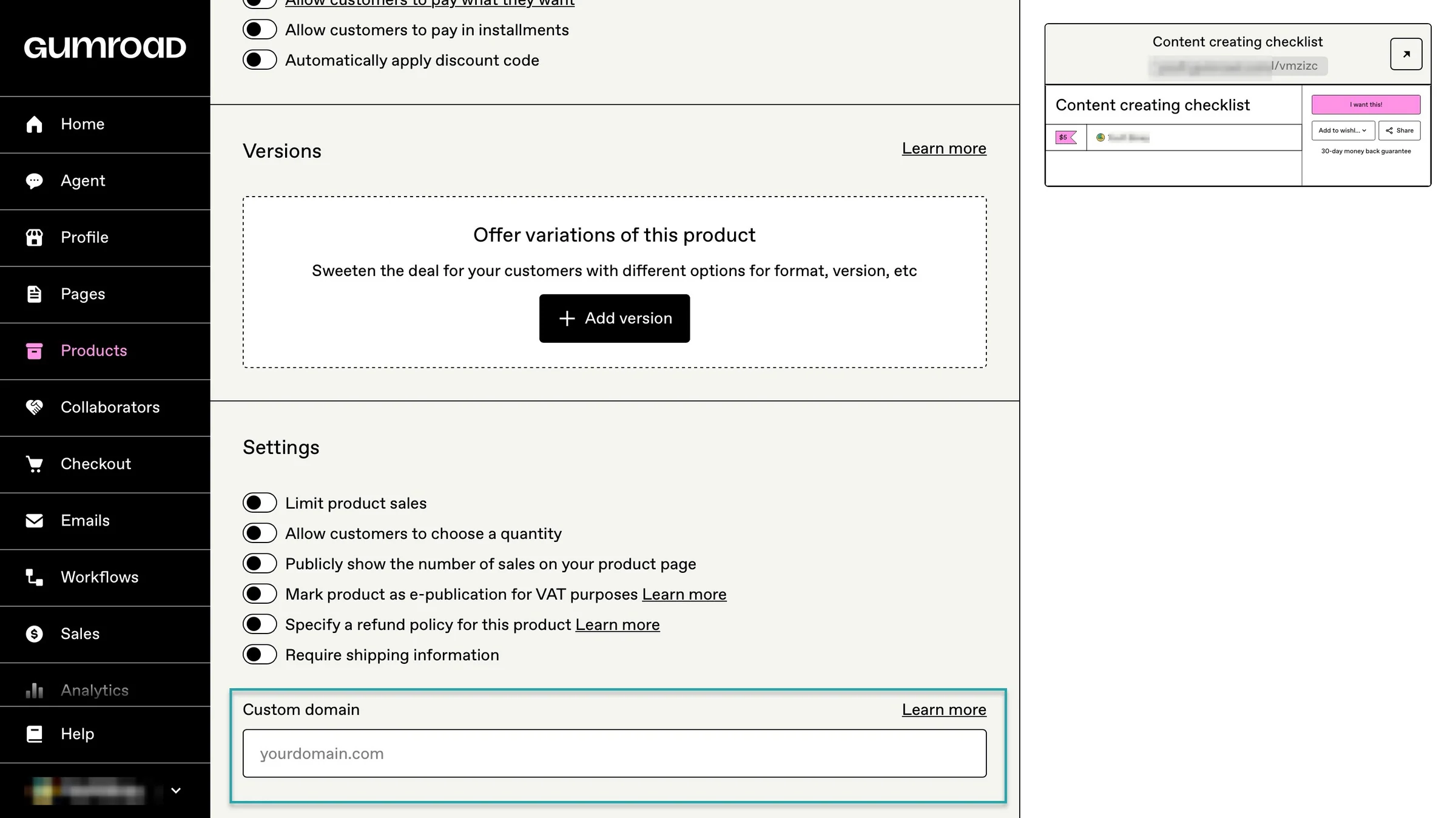 add custom domain on gumroad