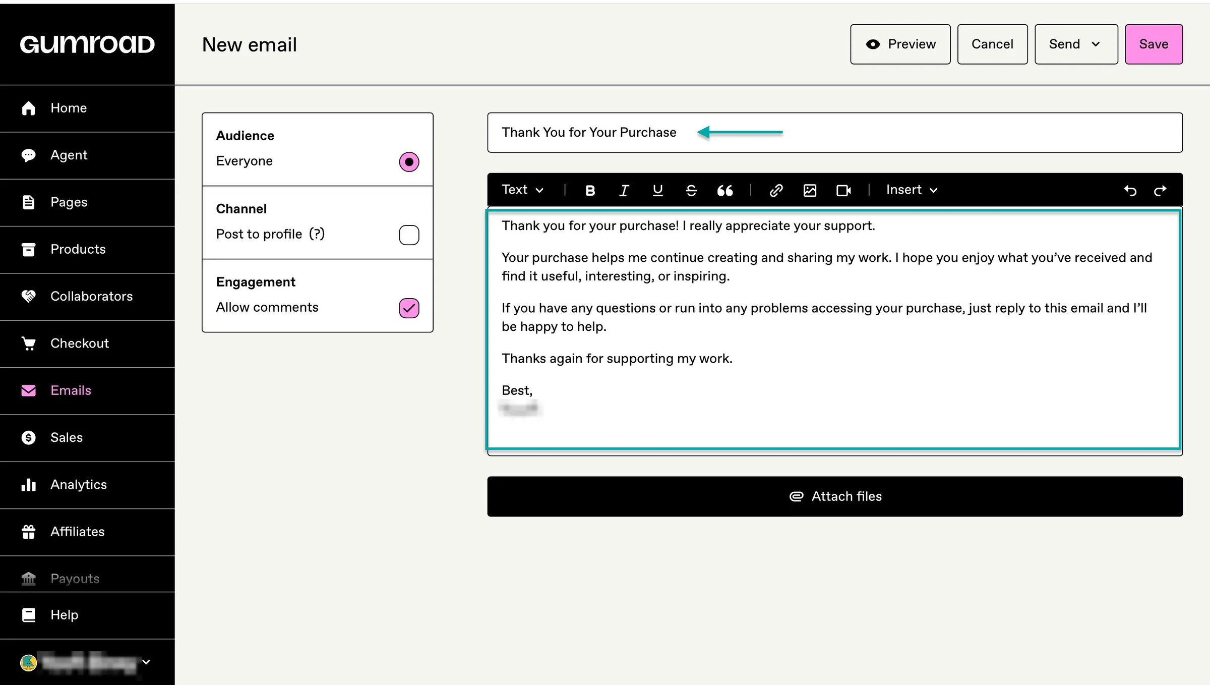 add email heading and content