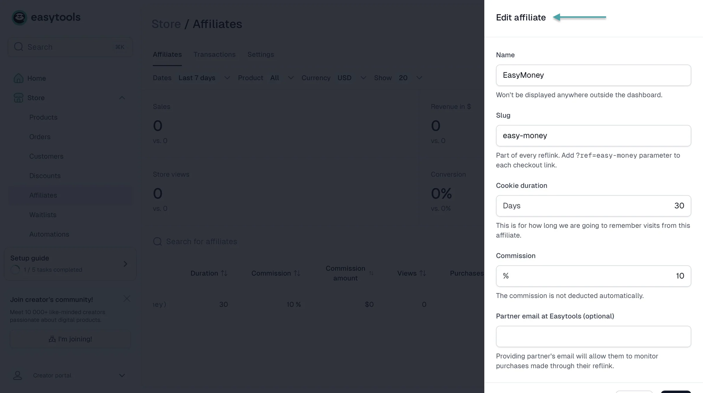edit affiliate on easytools