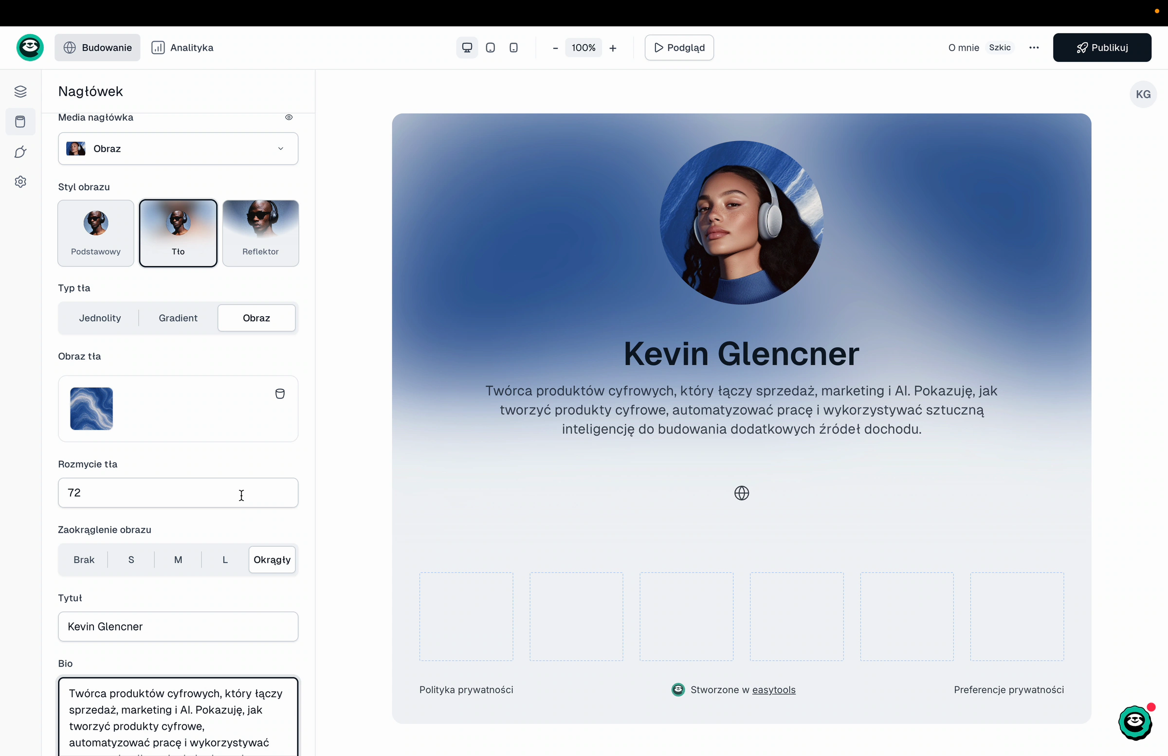 Header settings: image style, background, title and bio