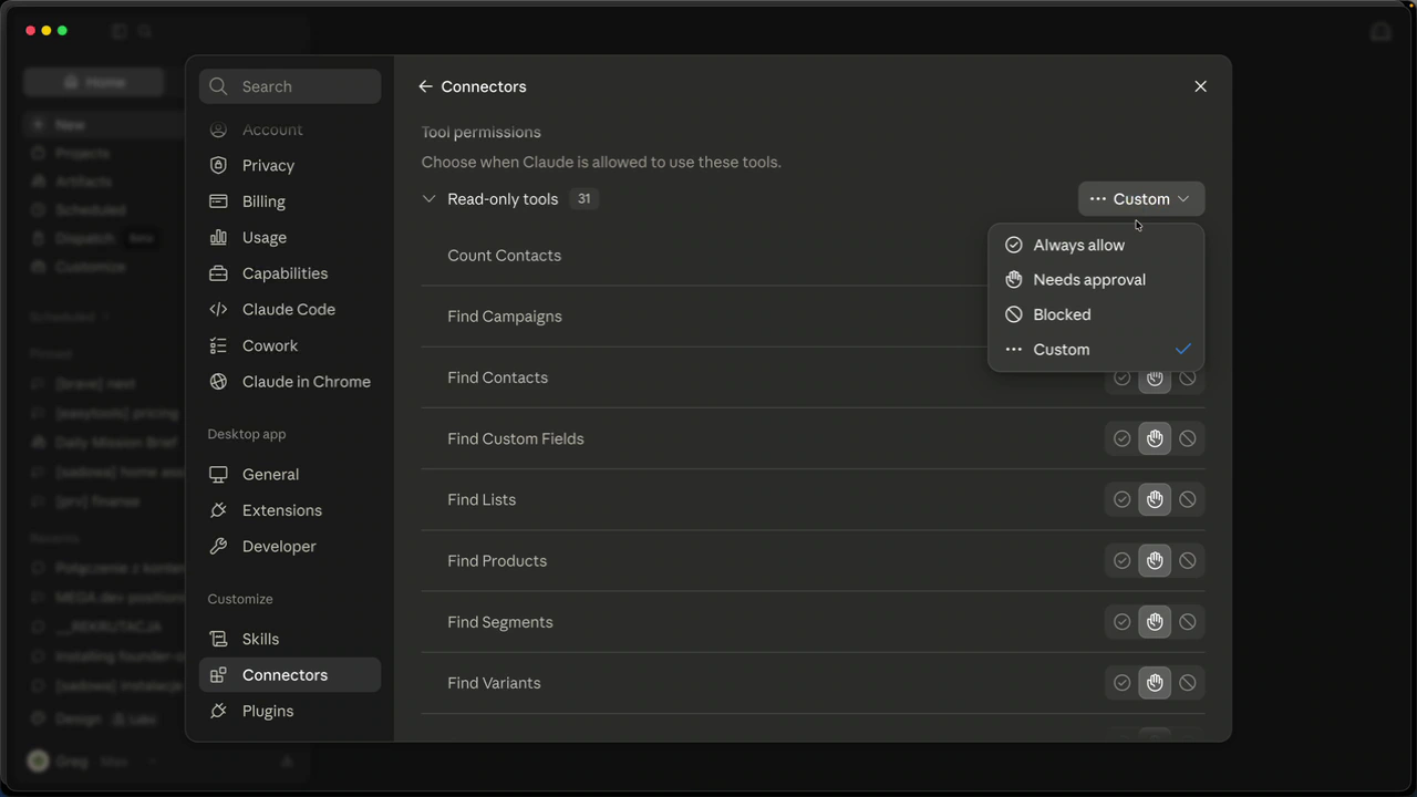 Set the read-only tools to Always allow, keep write actions on approval