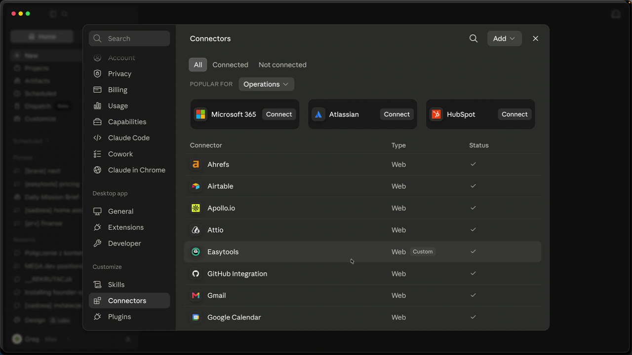 Easytools now shows as a connected connector in Claude