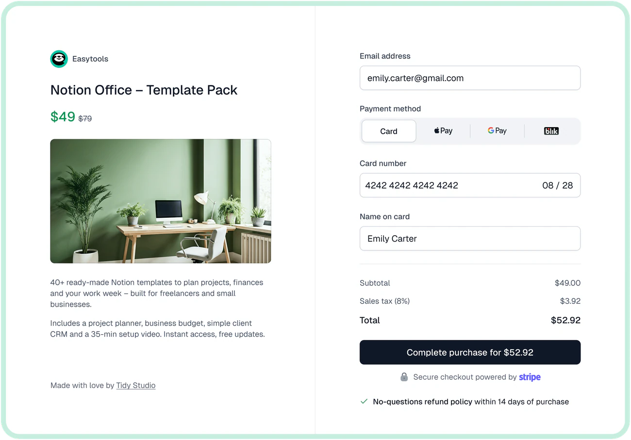 Easytools checkout with payment form