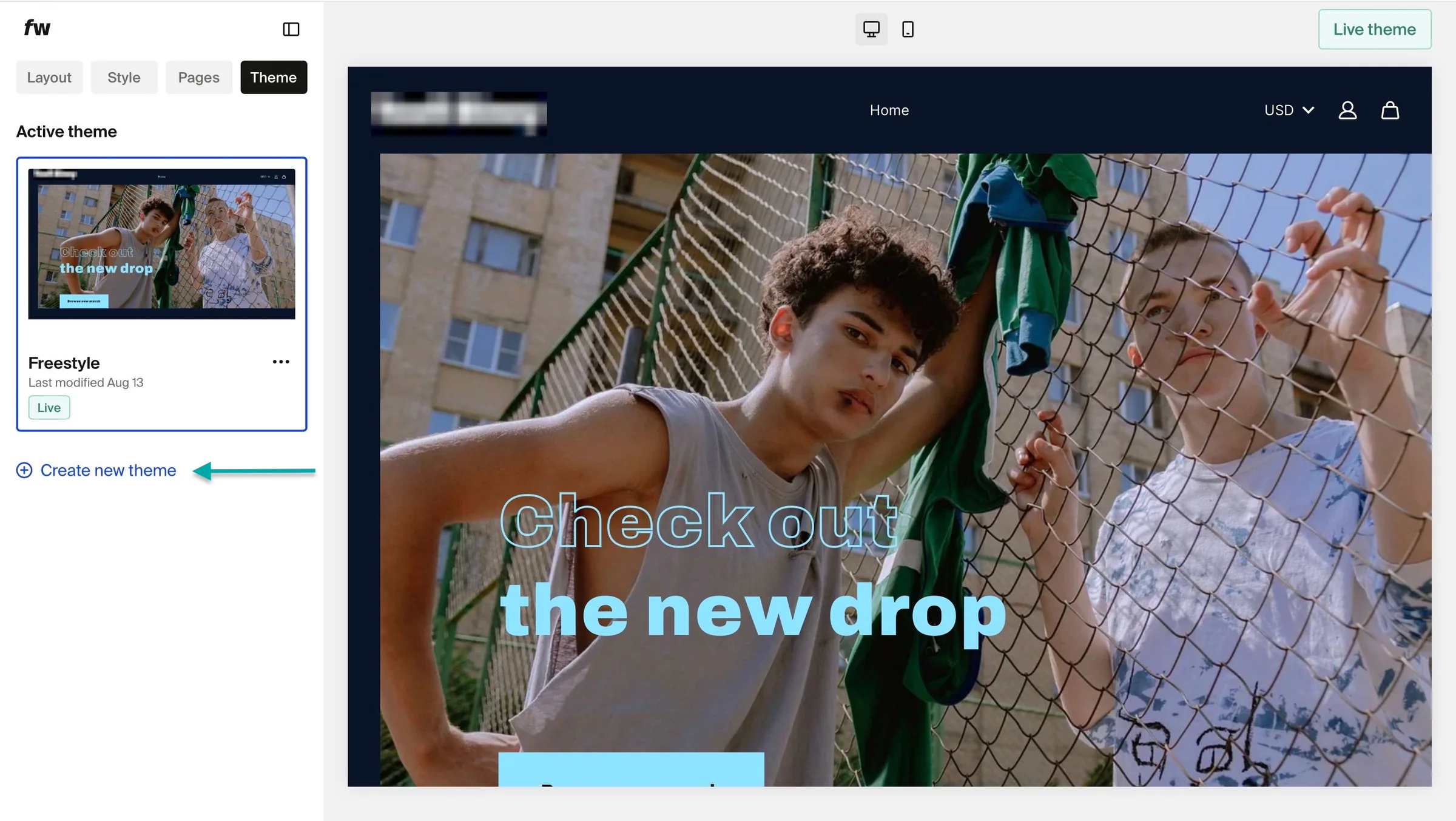 create new theme on fourthwall