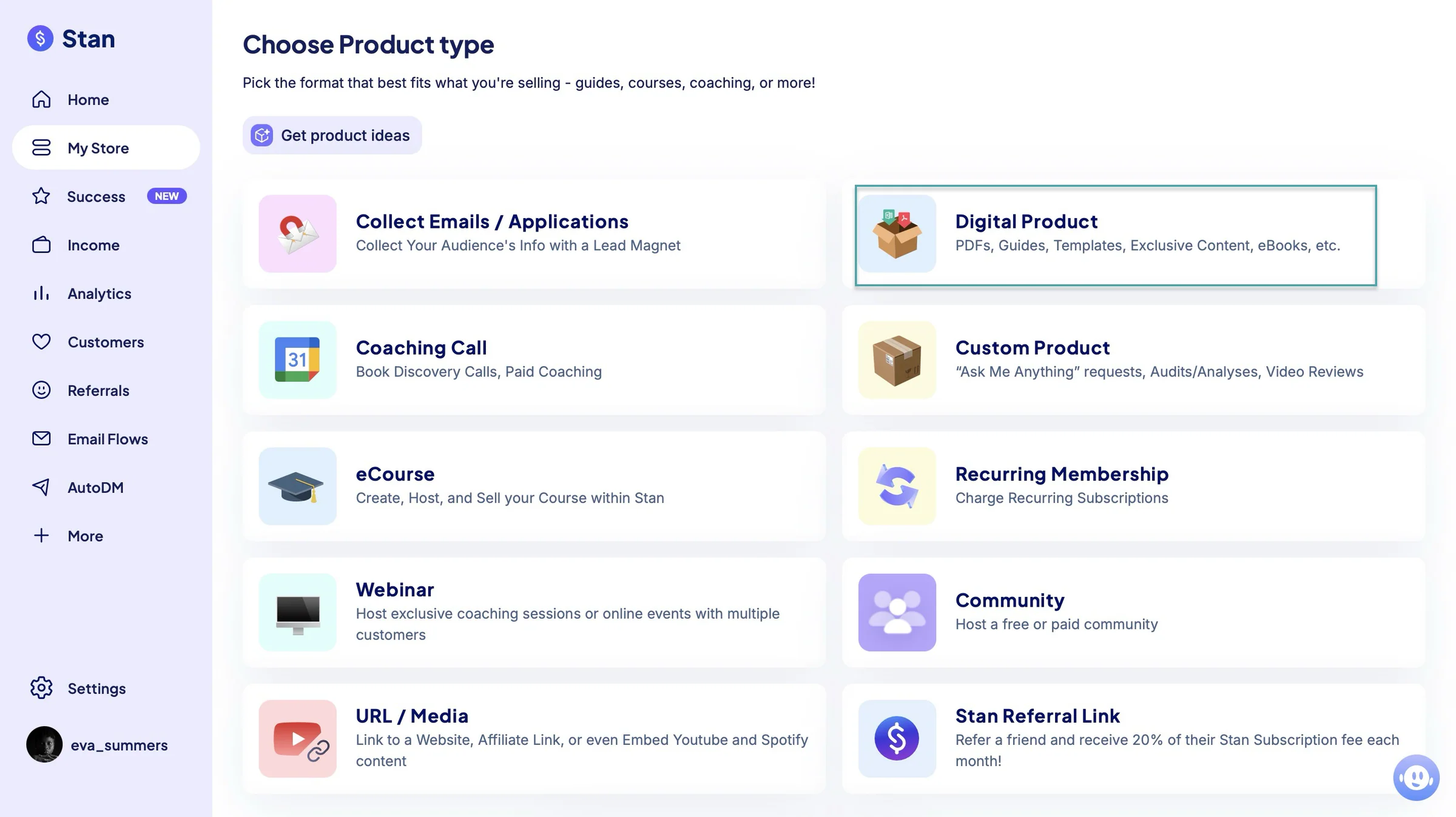 select product type on stan store