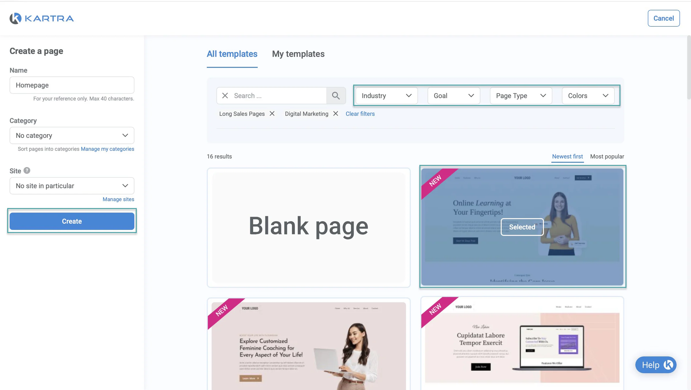 page templates on kartra